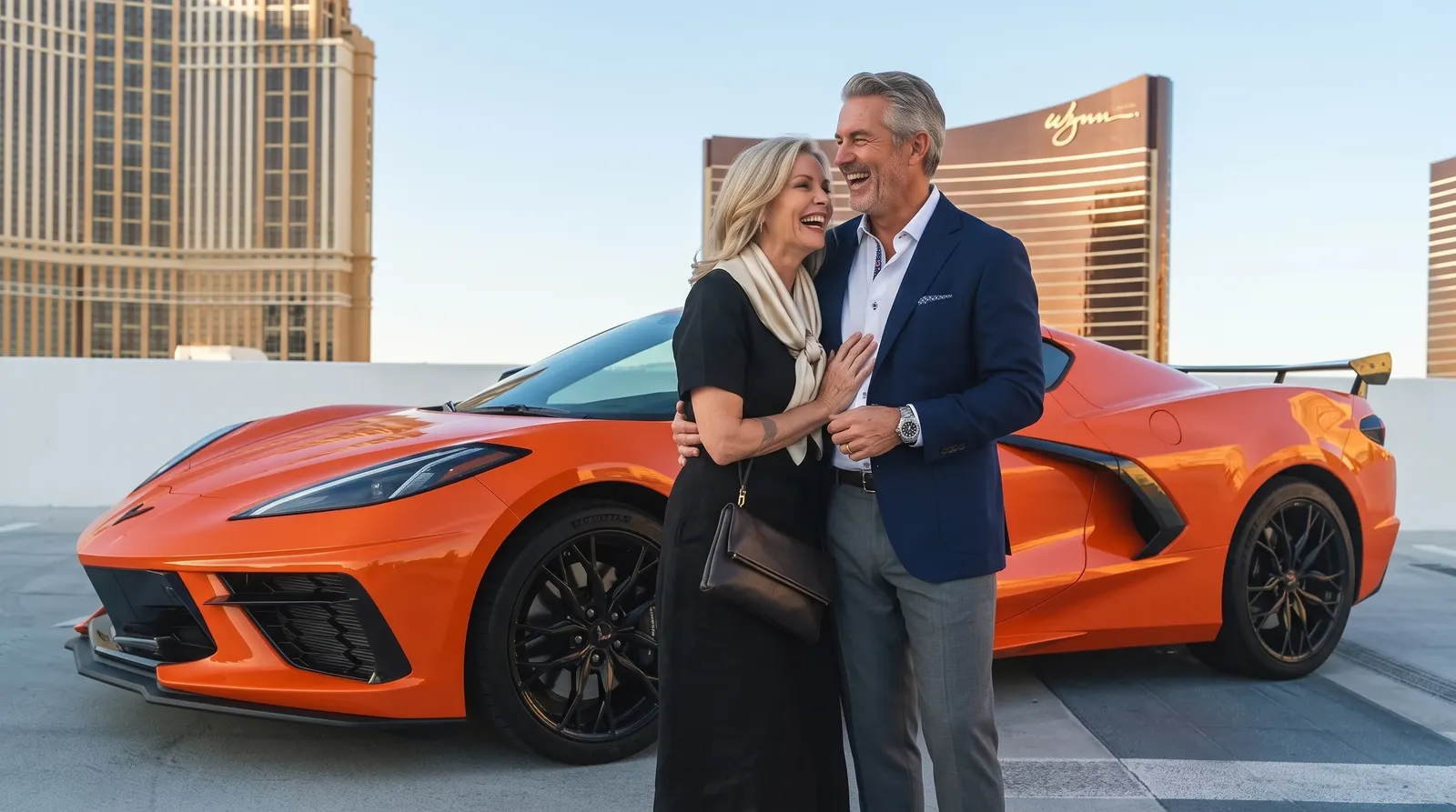 Couple dancing beside a Chevrolet Corvette C8 on a Las Vegas rooftop