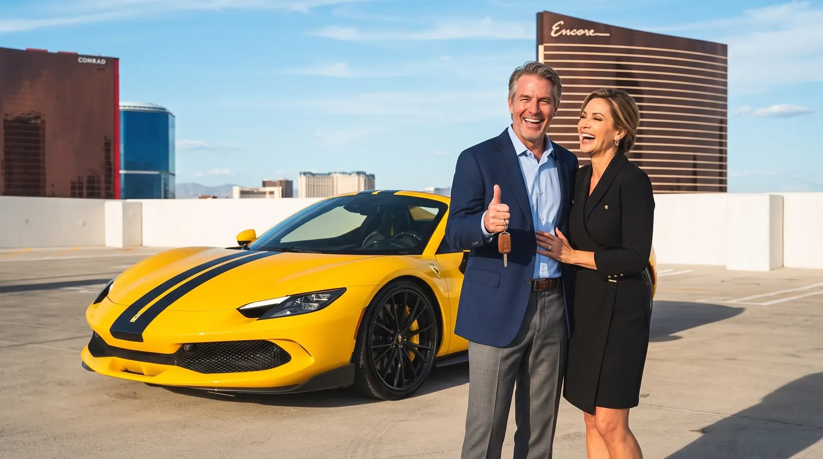 Couple holding the keys to a Ferrari 296 GTB rental in Las Vegas