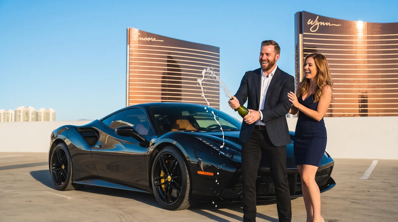 Couple popping champagne beside a black Ferrari 488 in Las Vegas