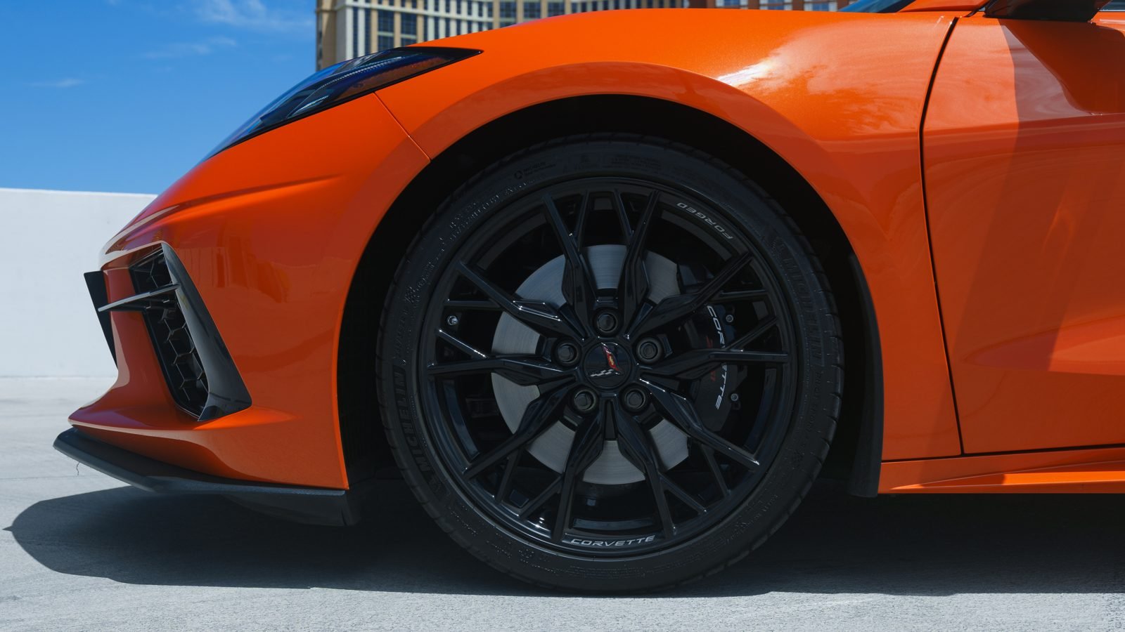 Forged black wheel and brake of a Corvette C8 Stingray exotic car rental in Las Vegas